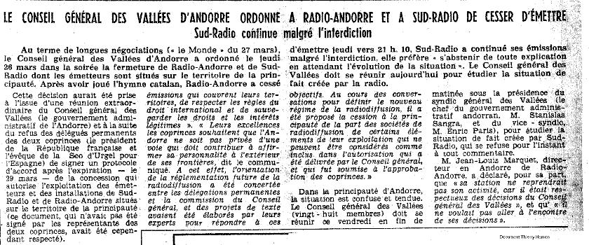 La Conseil Gnral des Valles d'Andorre ordonne  Radio-Andorre et  Sud-Radio de cesser d'emettre